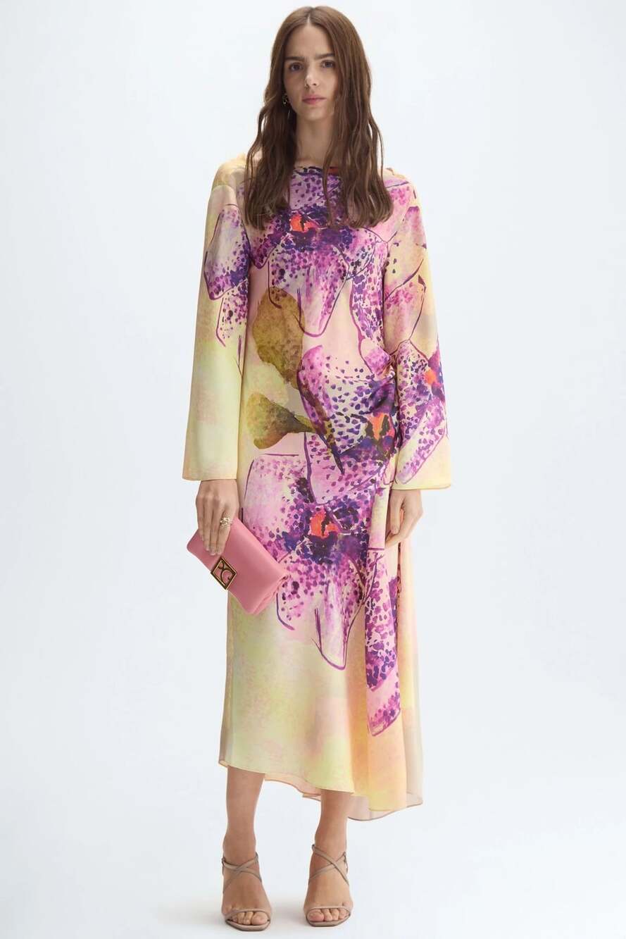 Purificacion Garcia Maxi Dress Size S Pink Yellow Floral Orchid Print